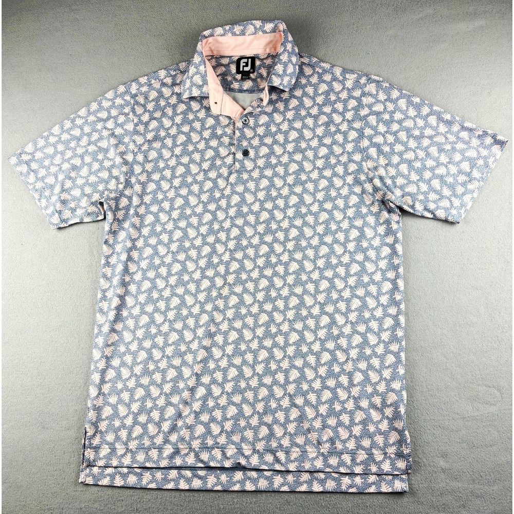 FootJoy FJ Golf Polo Men's Medium Blue Pink Leaf Print Stretch Performance